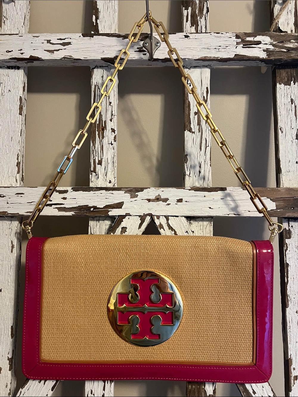 Tory Burch Pink-Trim Straw Shoulder Bag with Gold Chain